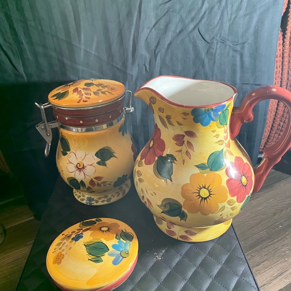 Floral Ceramic Pitcher and Jar Set